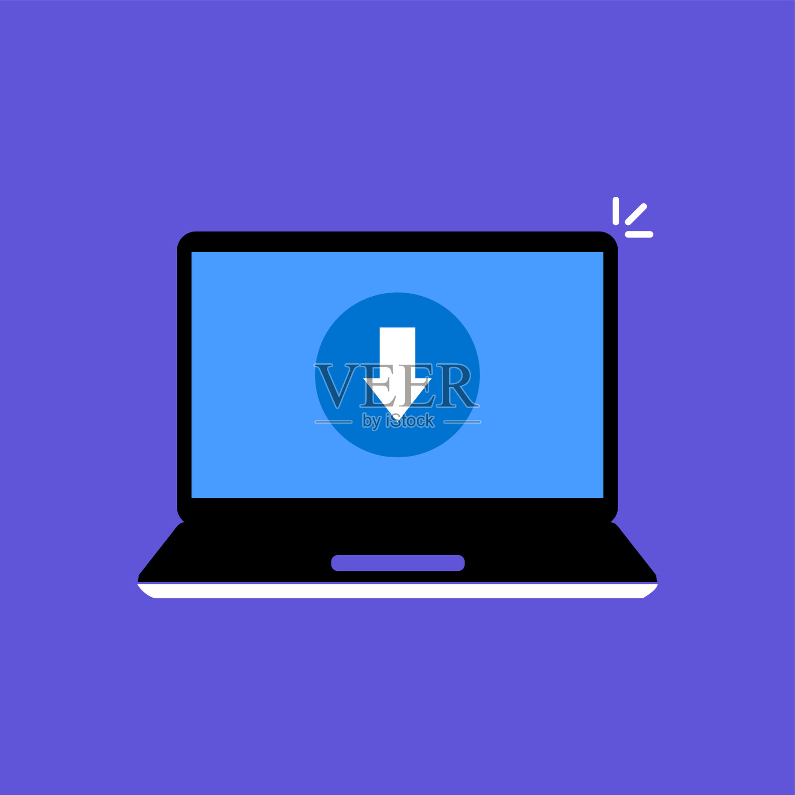 用于上传媒体文件的卡通笔记本电脑。平面简约风格流行现代图形PC设计元素孤立在紫色背景上。简单和快速的下载和文件传输或复制的概念插画图片素材