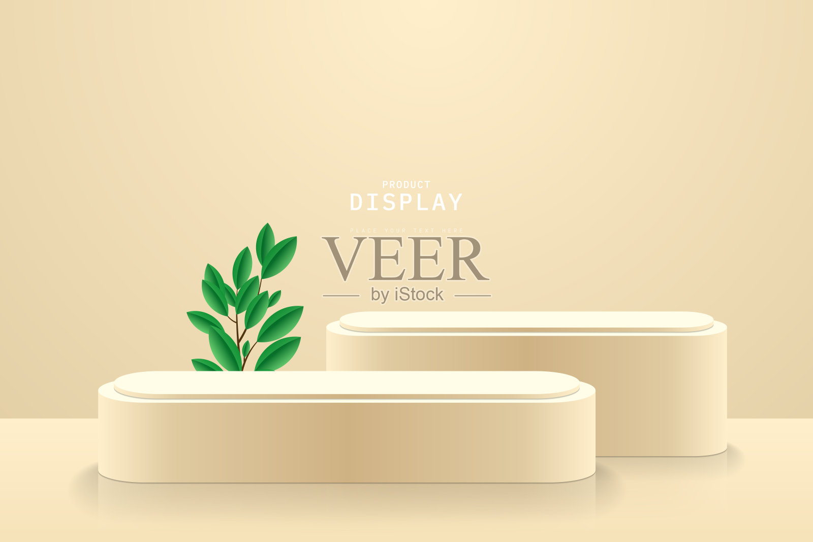 干净的棕色三维房间，配有一套圆形讲台或展台，用于产品展示和叶枝。原型模板的讲台场景。展示的舞台。3D矢量渲染。广告产品设计。插画图片素材