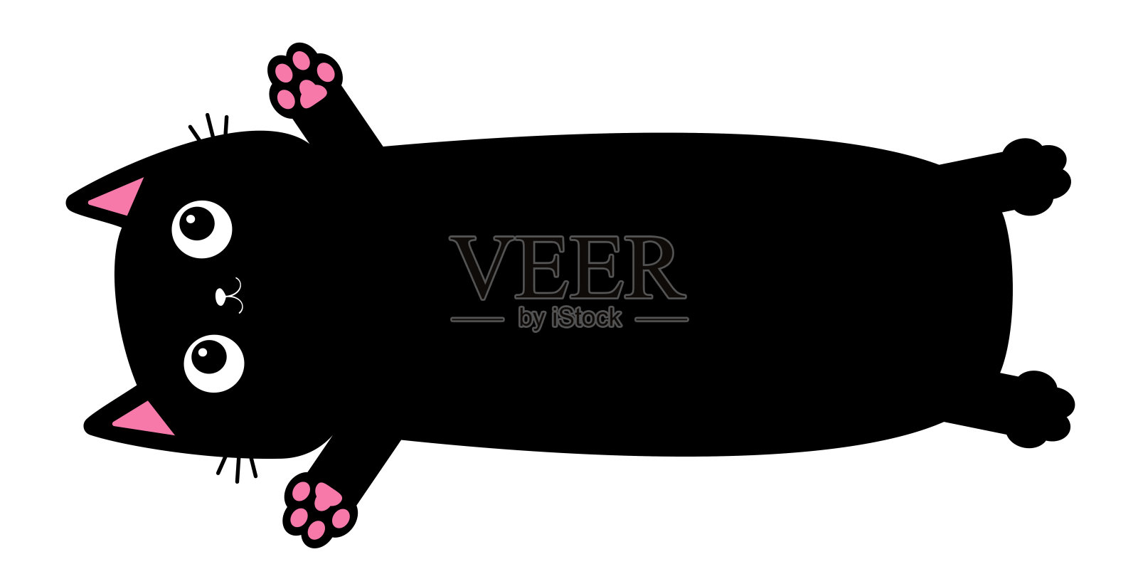 可爱的黑猫。长长的身体上有粉红色的爪印。卡通婴儿角色。滑稽的脸头剪影。万圣节快乐。猫叫。卡哇伊的动物。宠物收集。平面设计。孤立。白色背景。插画图片素材