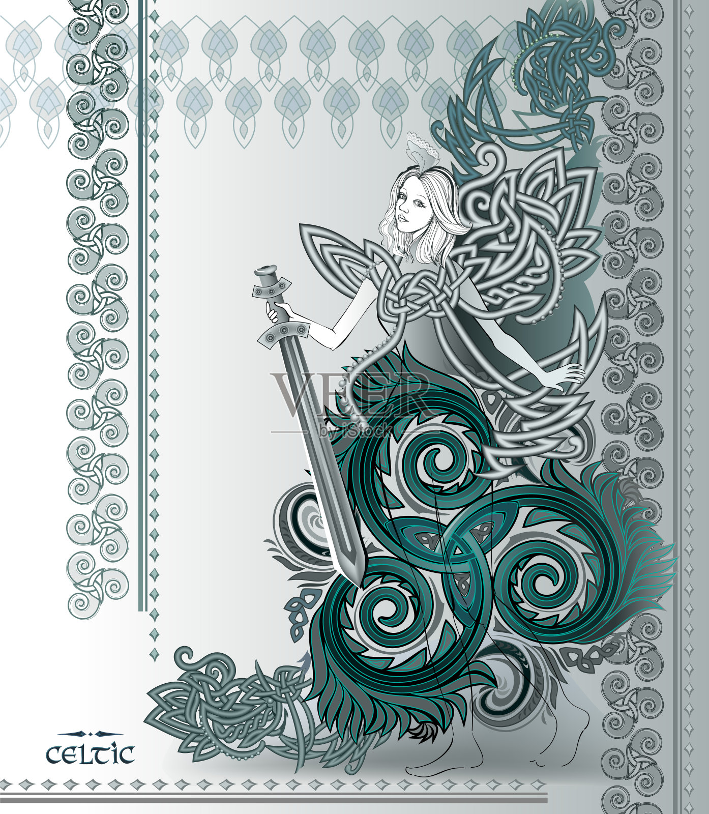 梦幻凯尔特装饰与三螺旋符号和古代中世纪仙女拿剑。美丽的哥特式西欧装饰。图案现代壁纸，印刷，指甲花，曼海地，纹身。插画图片素材