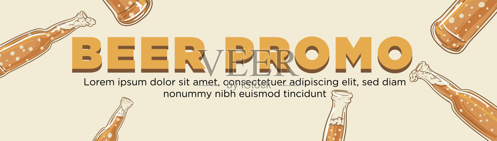 飞行手绘啤酒瓶为啤酒促销模板。推广横幅模板矢量插画图片素材