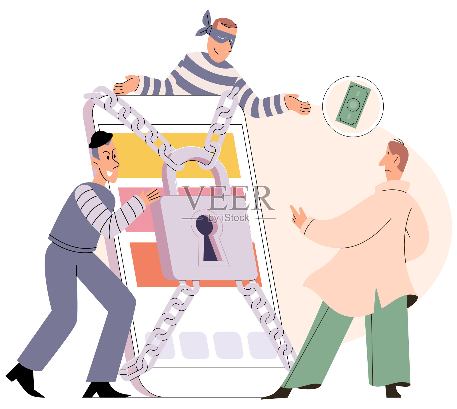 黑客身份盗窃，网络诈骗概念。犯罪，垃圾邮件，破解智能手机安全的间谍软件插画图片素材