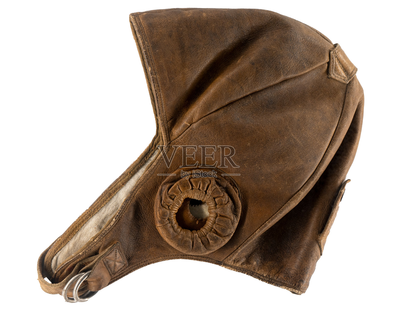 飞行员的帽子。棕色皮革耳罩。制服头饰孤立在白色背景上照片摄影图片