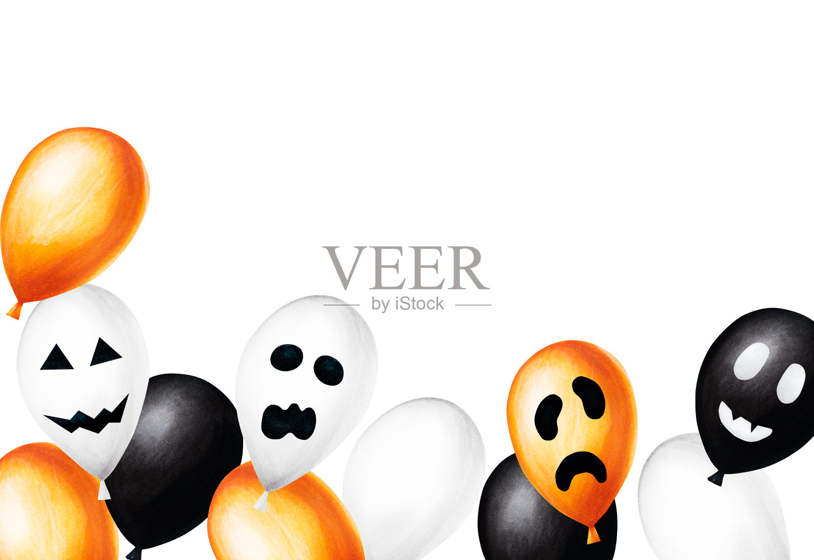 水彩万圣节框架与气球插图与可怕的面孔。手绘橙色，黑色，白色气球素描孤立在白色的背景。用于设计师，装饰，商店，用于明信片，包装纸，封面。海报及纺织品插画图片素材