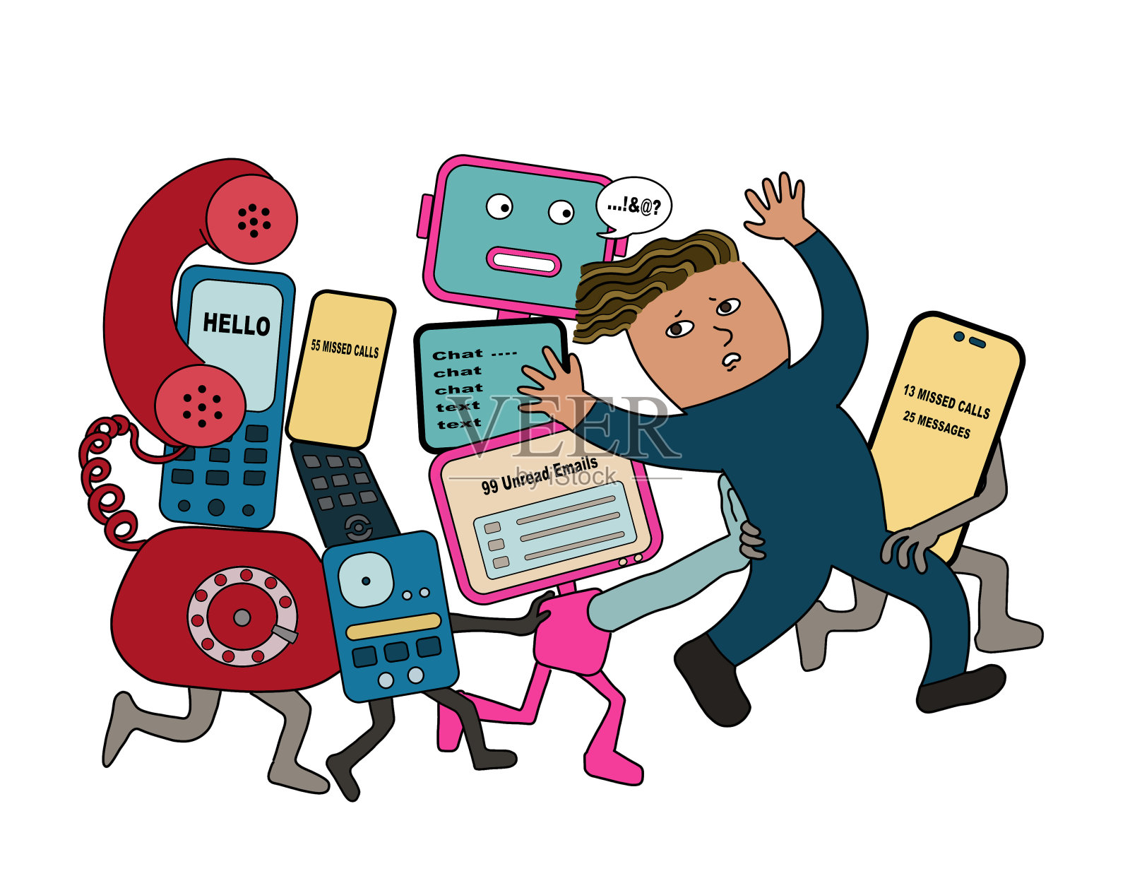 电信技术对人类压力和焦虑观念的影响。插画图片素材