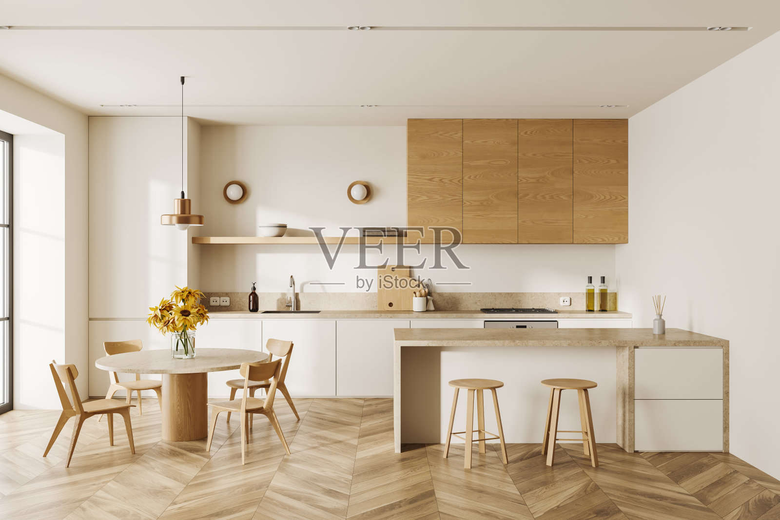 现代家庭厨房内部，烹饪和用餐区与时尚的家具照片摄影图片