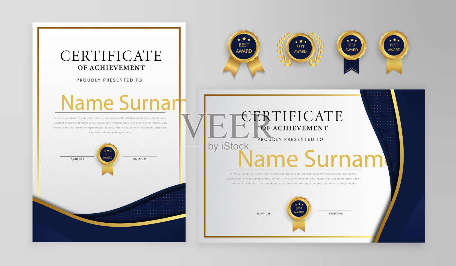 蓝色和金色的证书，有徽章和边框设计模板素材