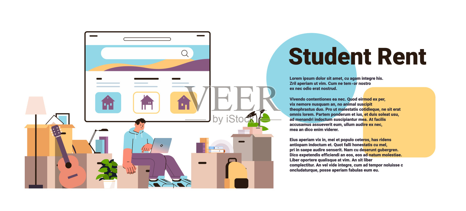 男生在笔记本电脑上为学生搜索公寓数字房地产服务在线房产搜索租赁应用程序最近的水平插画图片素材