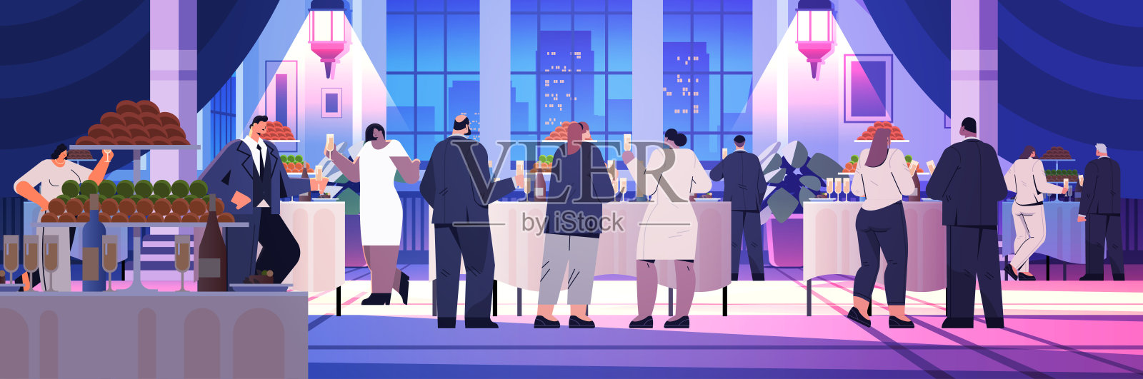 混合种族的人喝着香槟，在公司聚会上玩得很开心，男人女人穿着正装玩得很开心插画图片素材