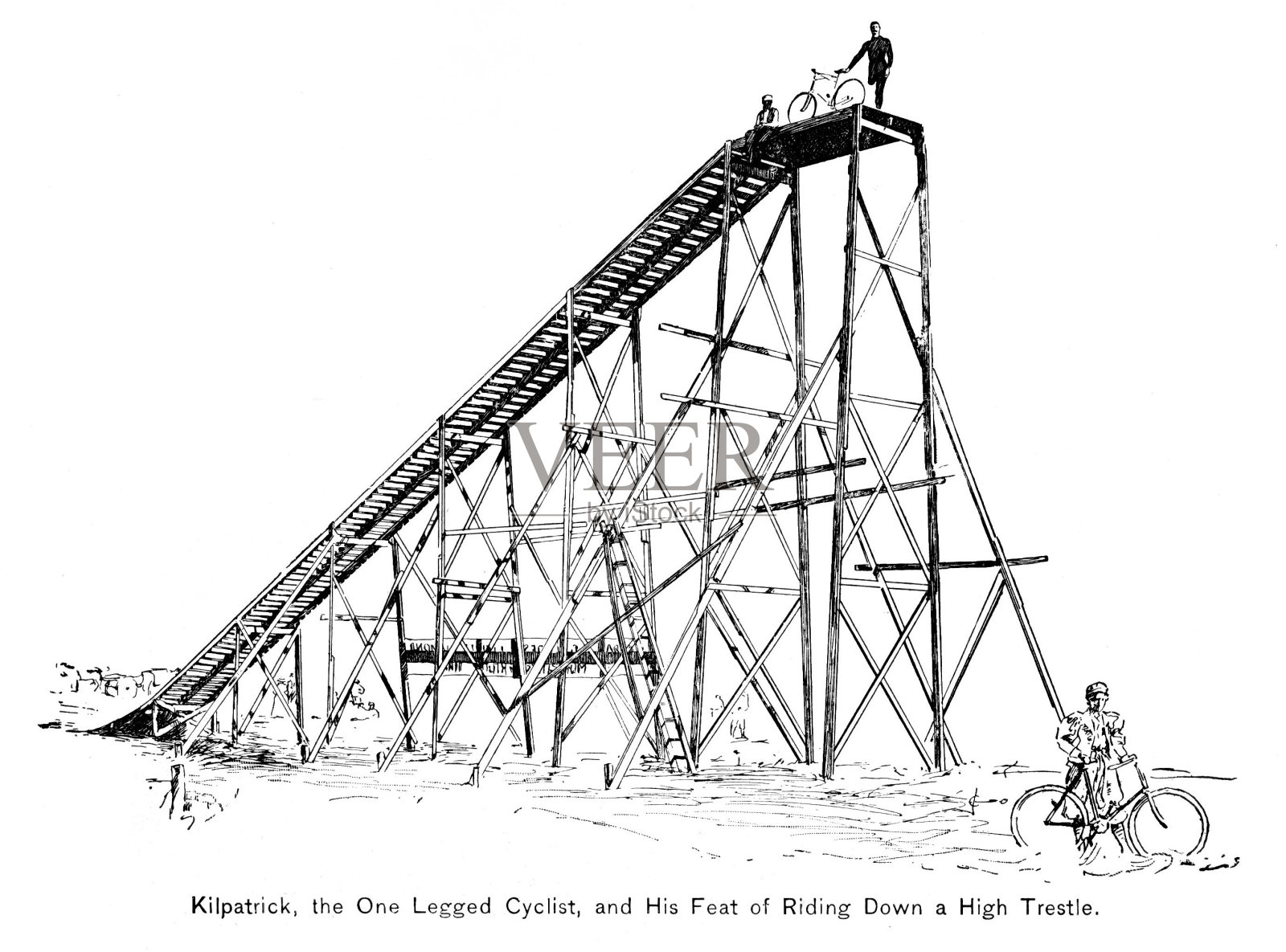 残疾人查尔斯g基尔帕特里克骑自行车下栈桥，体育史插画图片素材