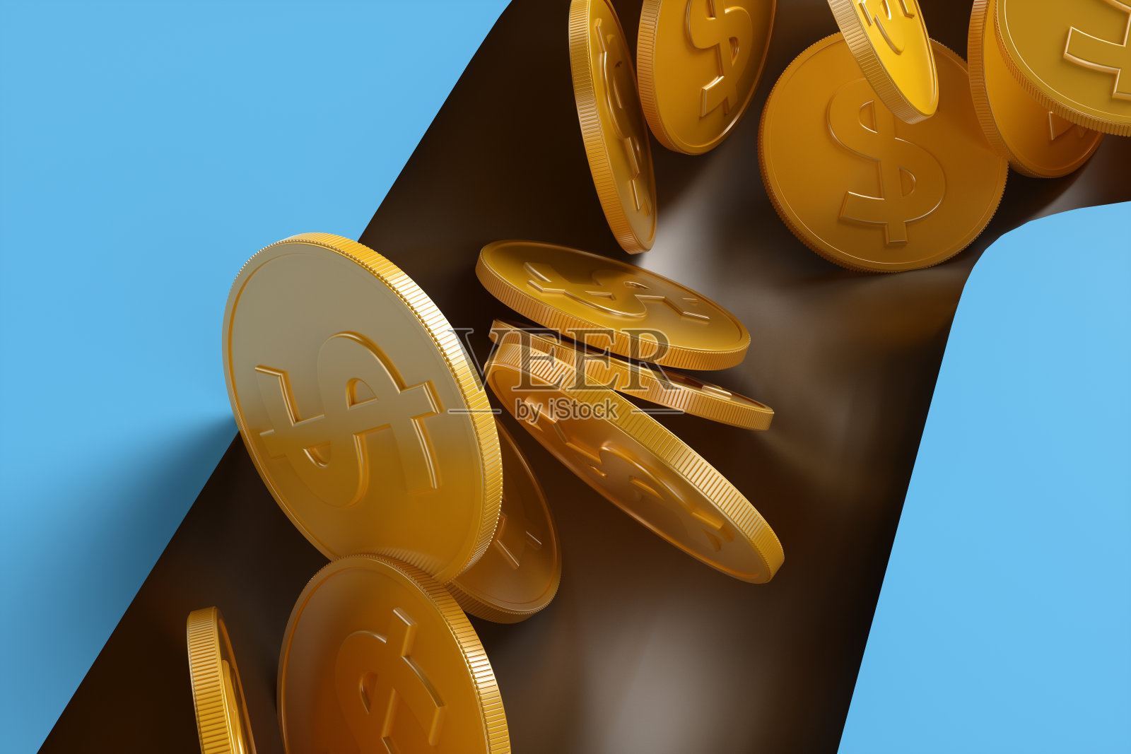 许多金币的特写，在蓝色背景上有美元货币标志。3d渲染图。照片摄影图片