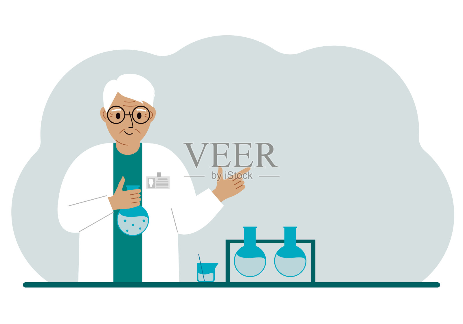 拿着酒瓶的老男性科学家。实验科学家，实验室助理，生物化学，化学，科学研究。插画图片素材