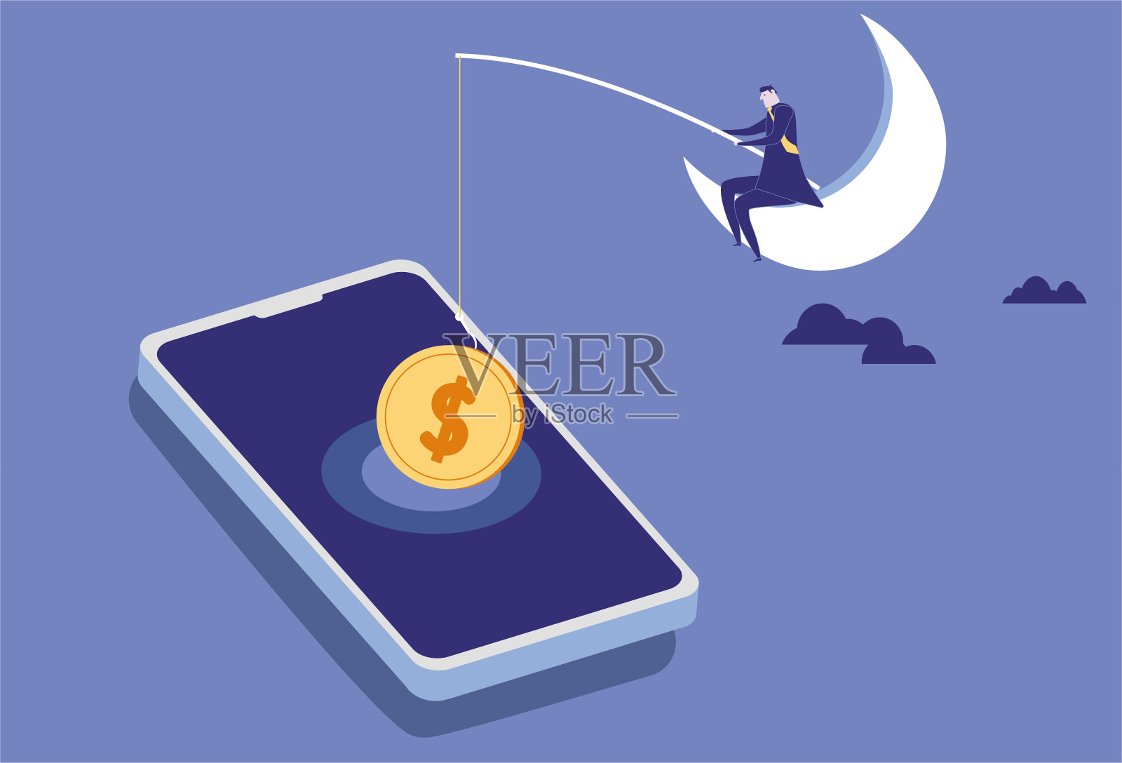 商人坐在月亮上，从他的手机里捞钱插画图片素材