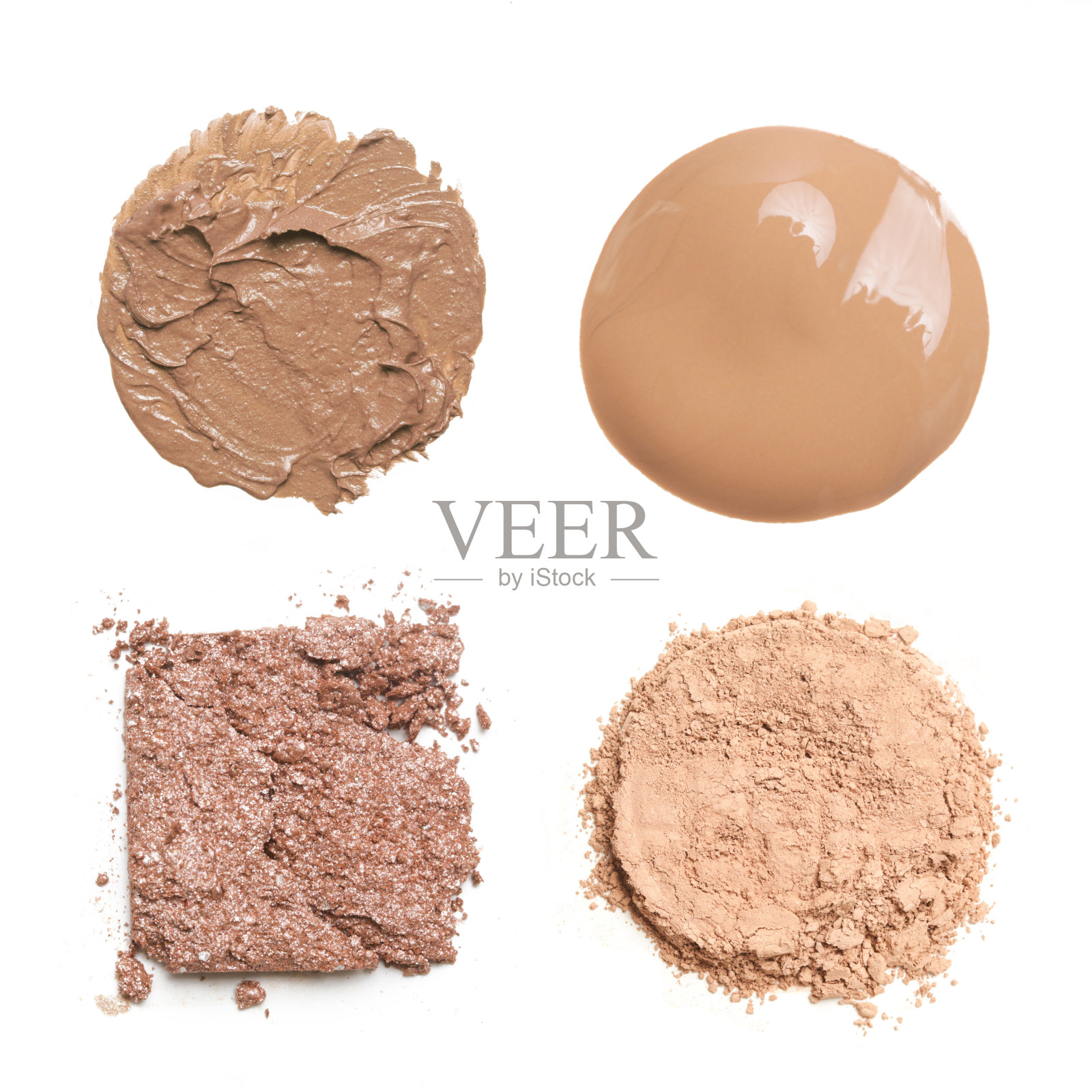 一套液体，泡沫和粉状化妆品样品孤岛在白色背景。装饰美容涂片。遮瑕膏、校正剂和粉底色块。照片摄影图片