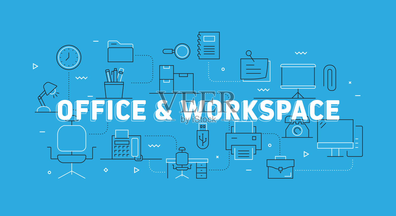 办公室和工作空间相关的现代线条横幅图标插画图片素材