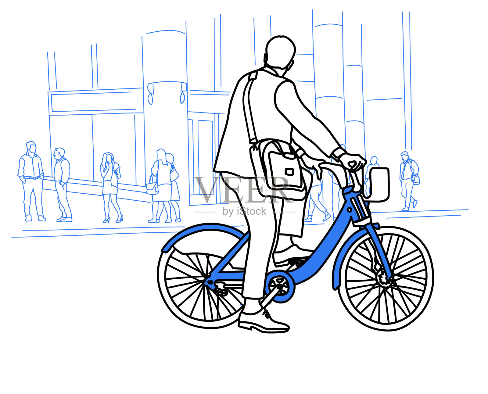 骑自行车上班的商人素描蓝色插画图片素材