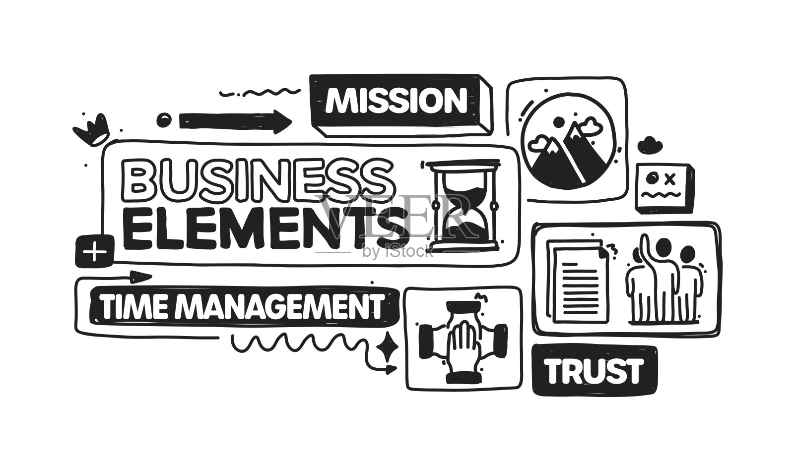 业务元素对象和元素。矢量涂鸦插图收集。手绘图标集或横幅模板插画图片素材