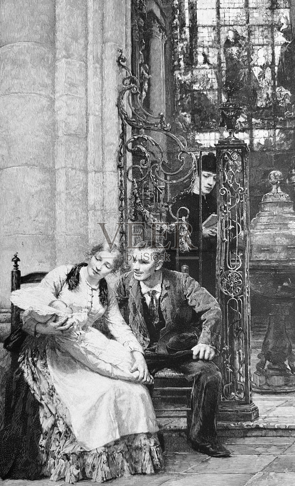 受洗后:夫妇俩带着婴儿坐在教堂里幸福地微笑插画图片素材