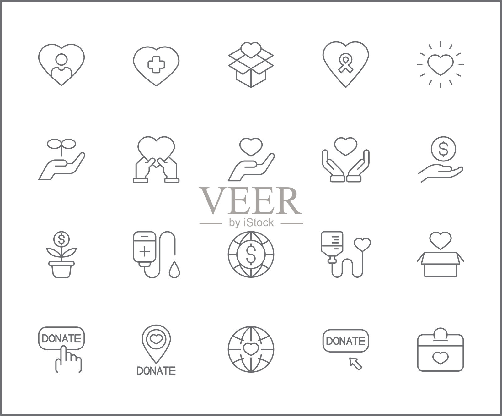 一套慈善和捐赠图标线条风格。图标素材