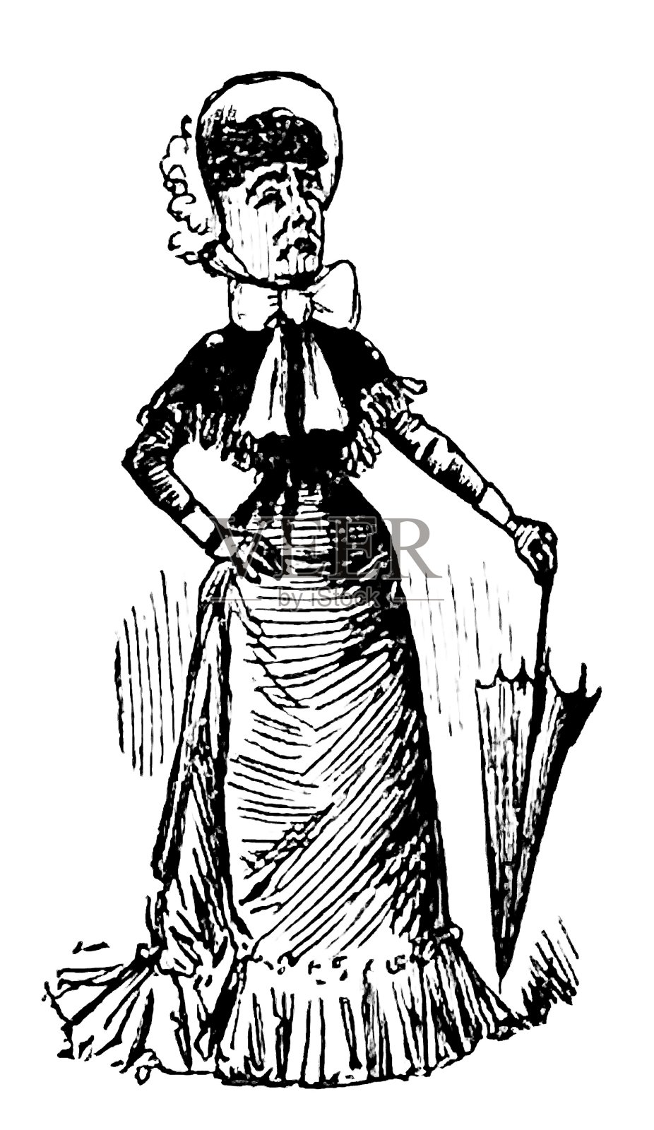 戴兜帽的年长妇女站着，拿着一把伞插画图片素材