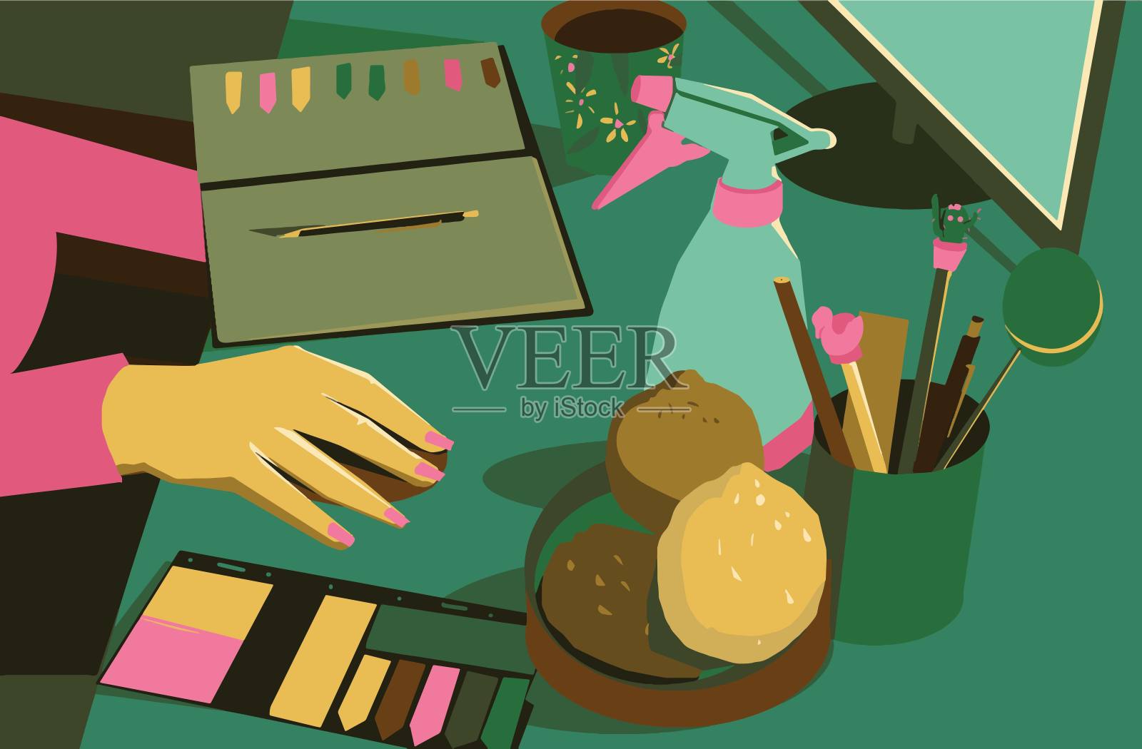 年轻的女商人在家庭办公室工作-库存插图插画图片素材