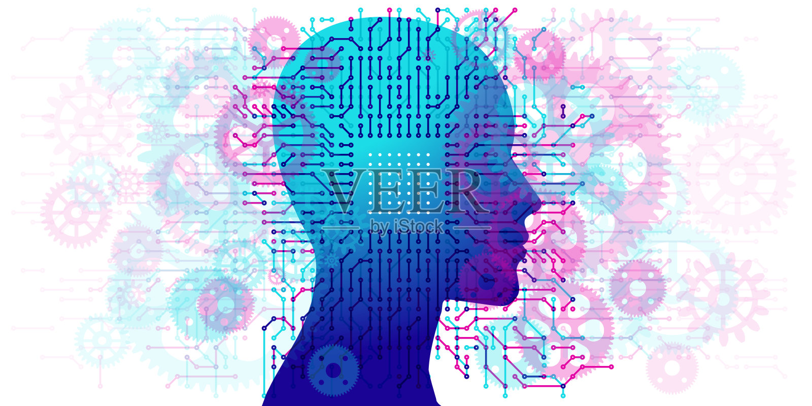 女人人工智能-电路板和齿轮插画图片素材