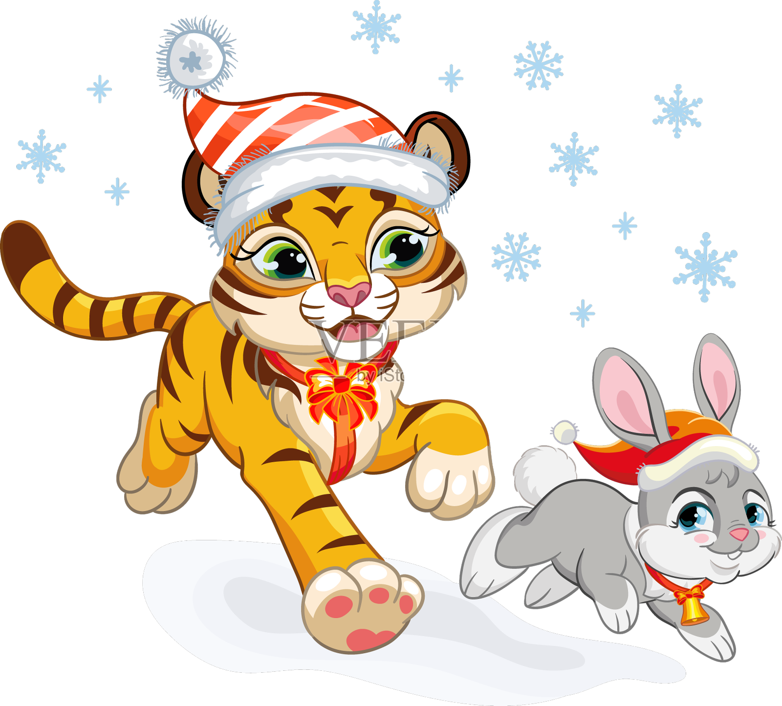 可爱的圣诞老虎和兔子一起跑设计元素图片