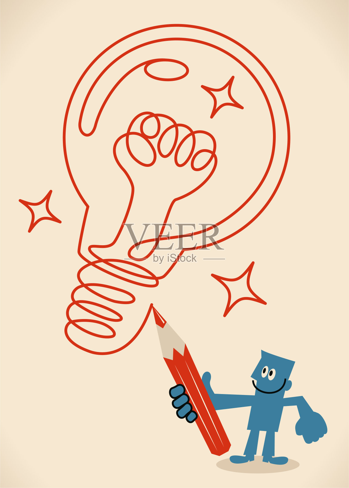 蓝人用红铅笔用拳头形状的钨画了一个想法灯泡插画图片素材