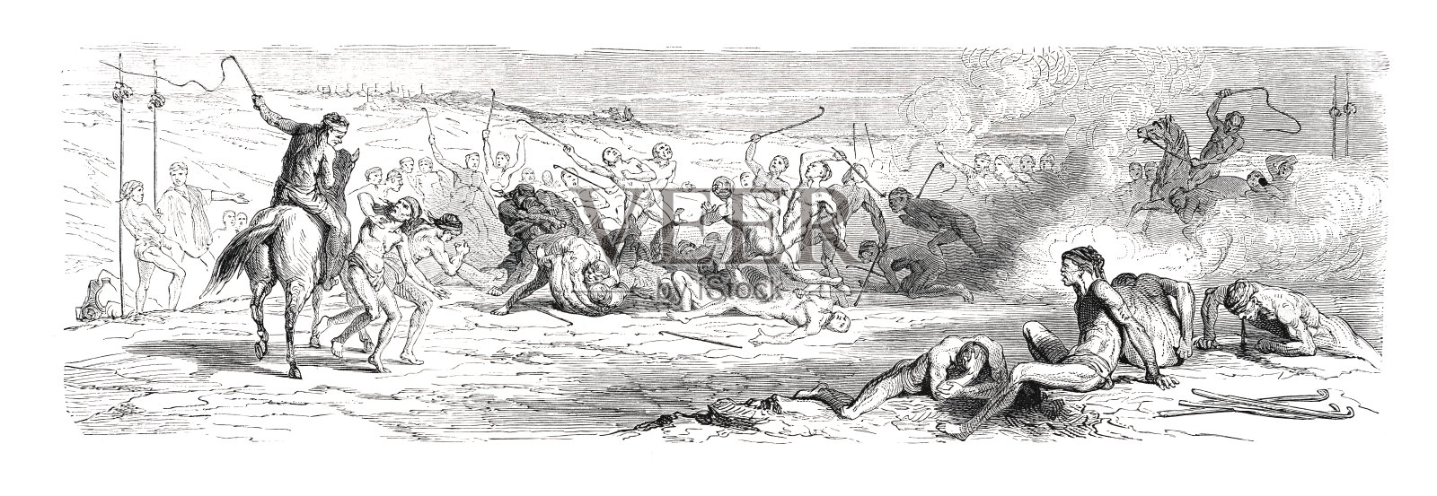 一群patagons战士玩艰苦和暴力的球游戏，称为Tchoekah或长曲棍球插画图片素材