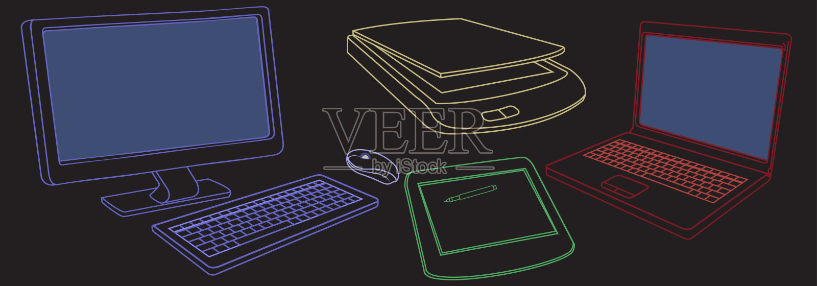 计算机硬件和附件的草图背景插画图片素材