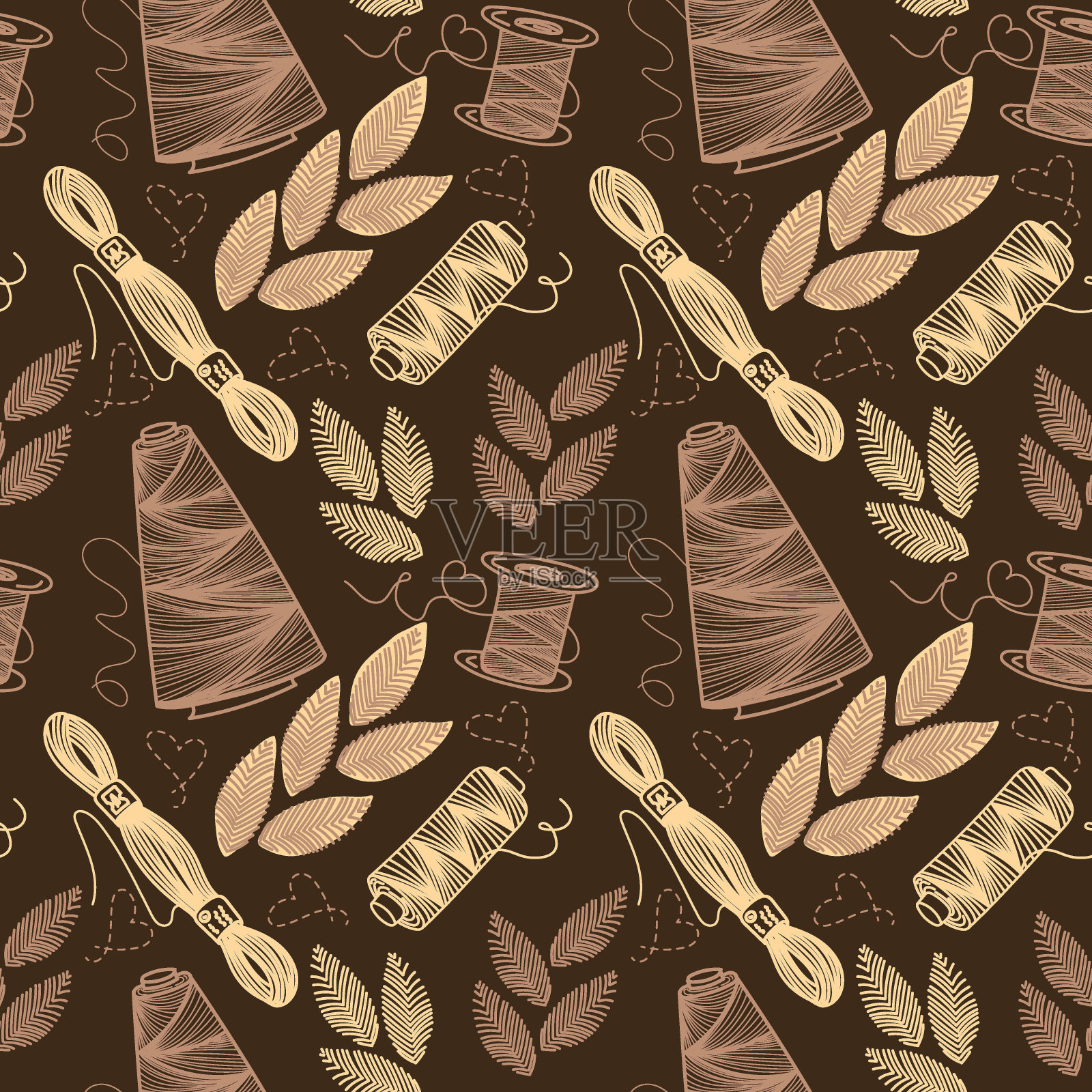 线和刺绣的无缝图案，手绘素描风格的涂鸦元素。缝纫线。刺绣的树叶。缝纫。刺绣。线程。手工制作的。向量的简单说明。插画图片素材