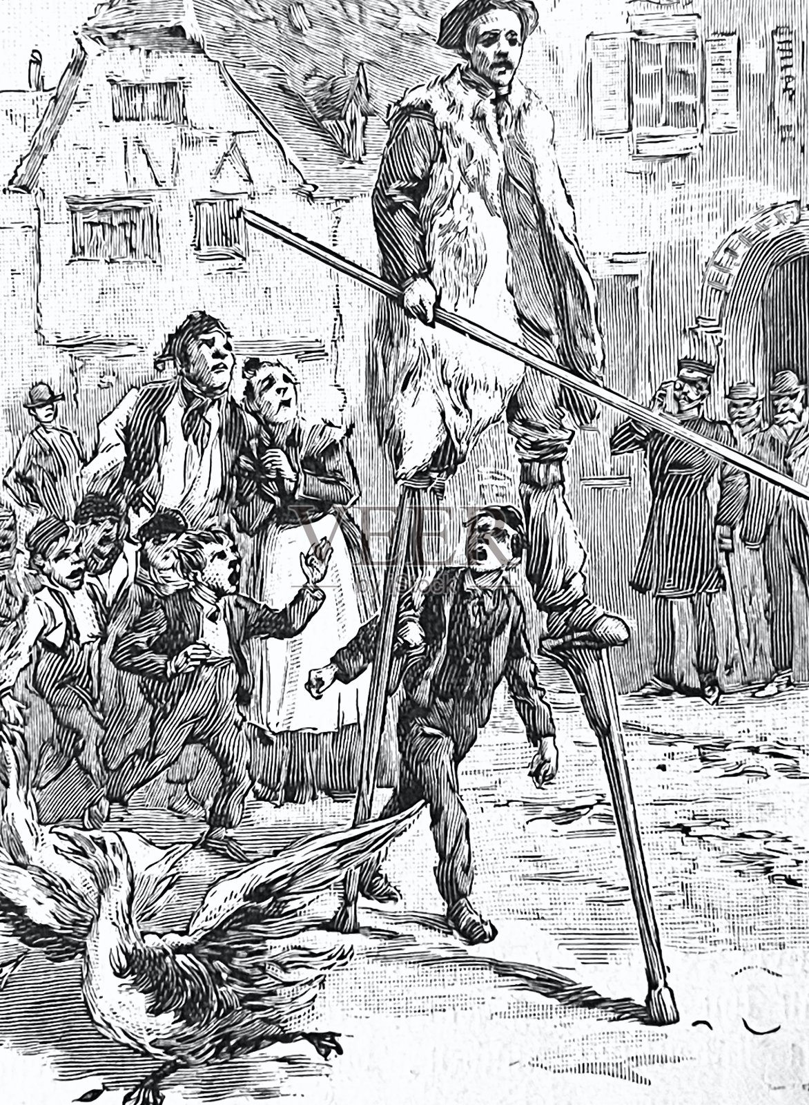 村里有人在踩高跷，孩子们都羡慕他插画图片素材