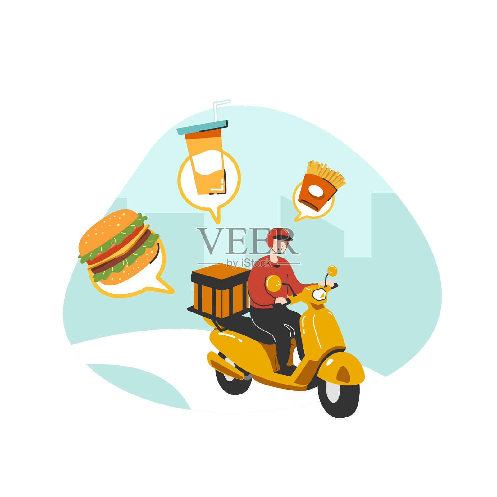 一个食物掠夺者送食物的黄色摩托车到家平面矢量插图孤立在白色背景。网上送餐服务理念。送货上门及办公室插画图片素材