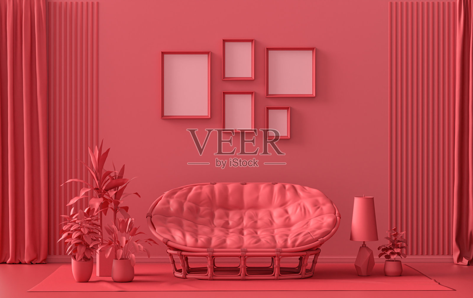 平面色彩室内的海报展示与5帧，单色红色画廊墙照片摄影图片