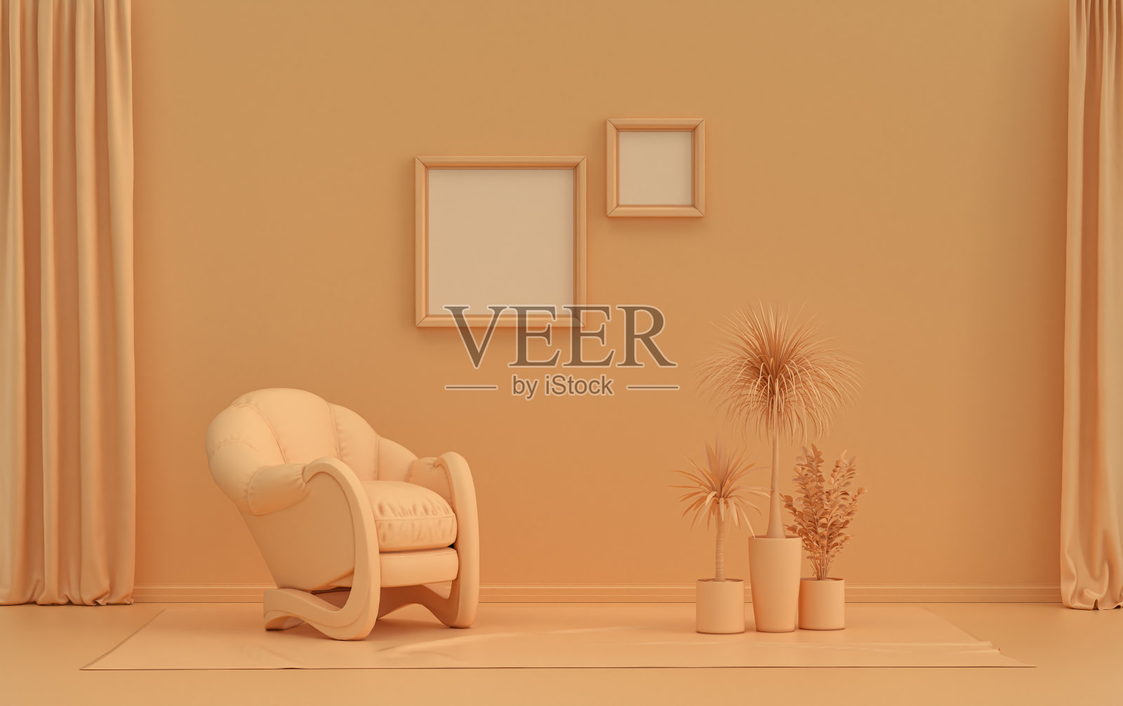 画廊的墙壁有2个框架，在单橙色的房间和植物照片摄影图片