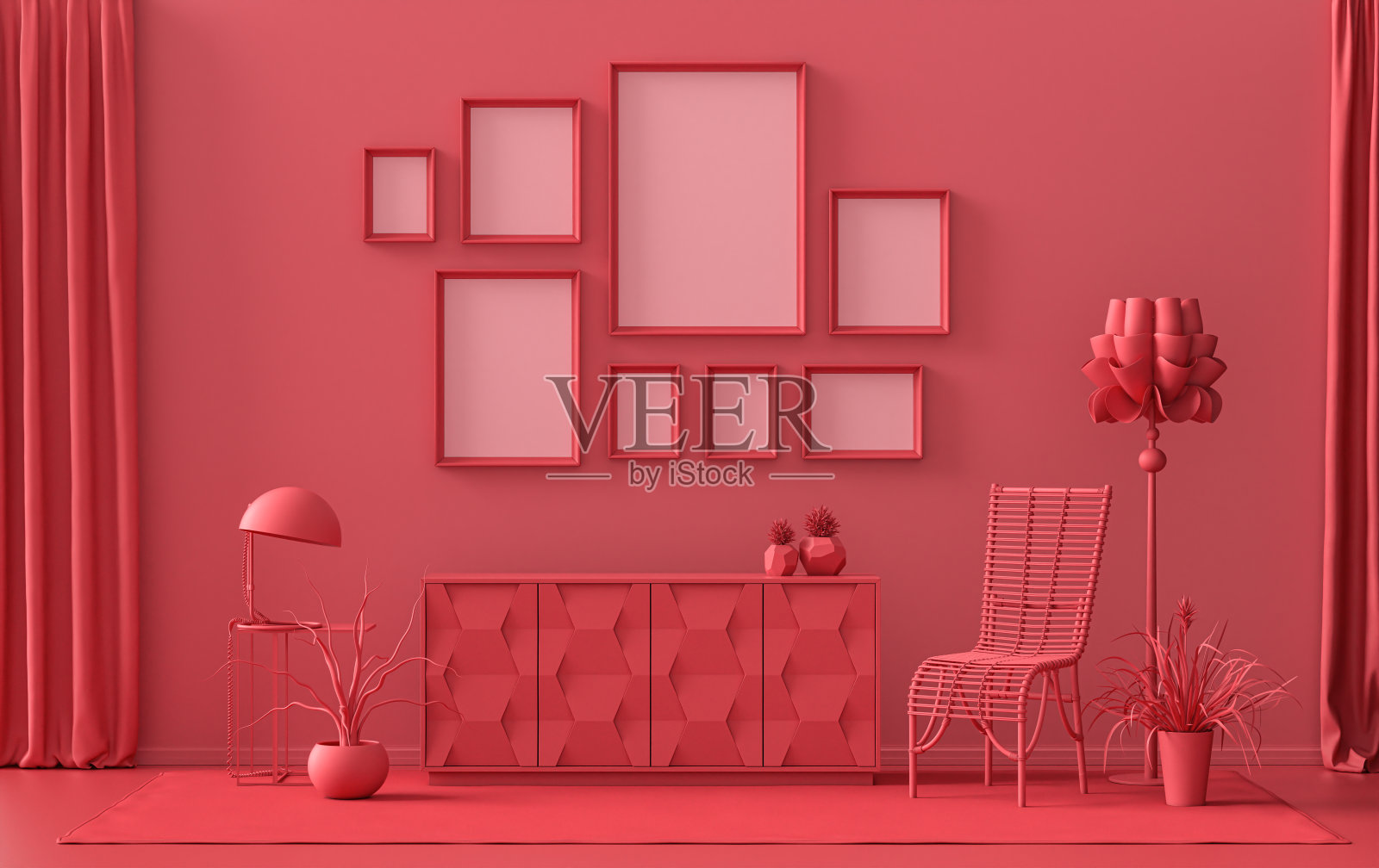 简约的客厅，平面单色暗红色，配有8个框架家具和植物照片摄影图片