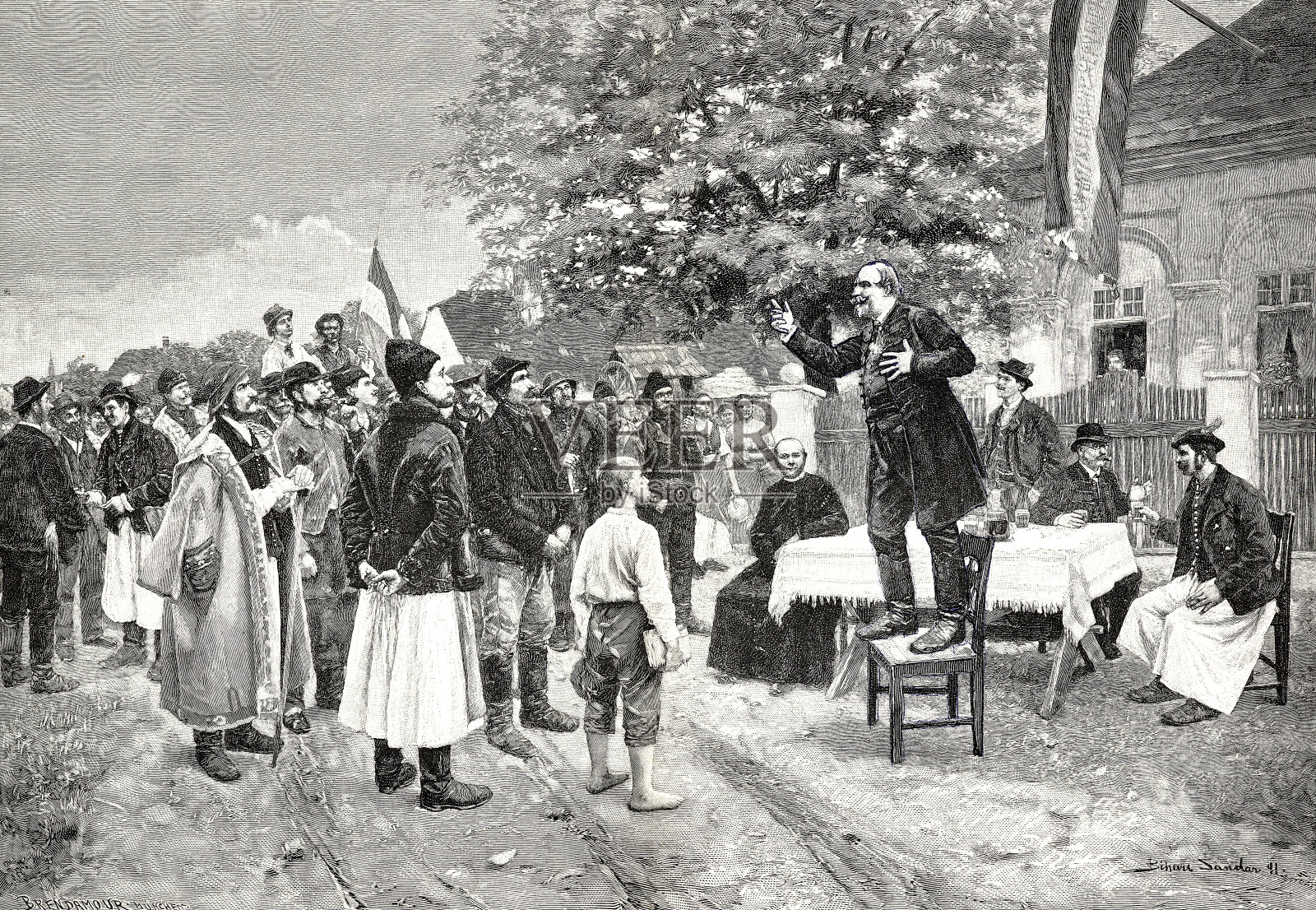 一个政治家站在餐馆的椅子上发表公开演讲插画图片素材