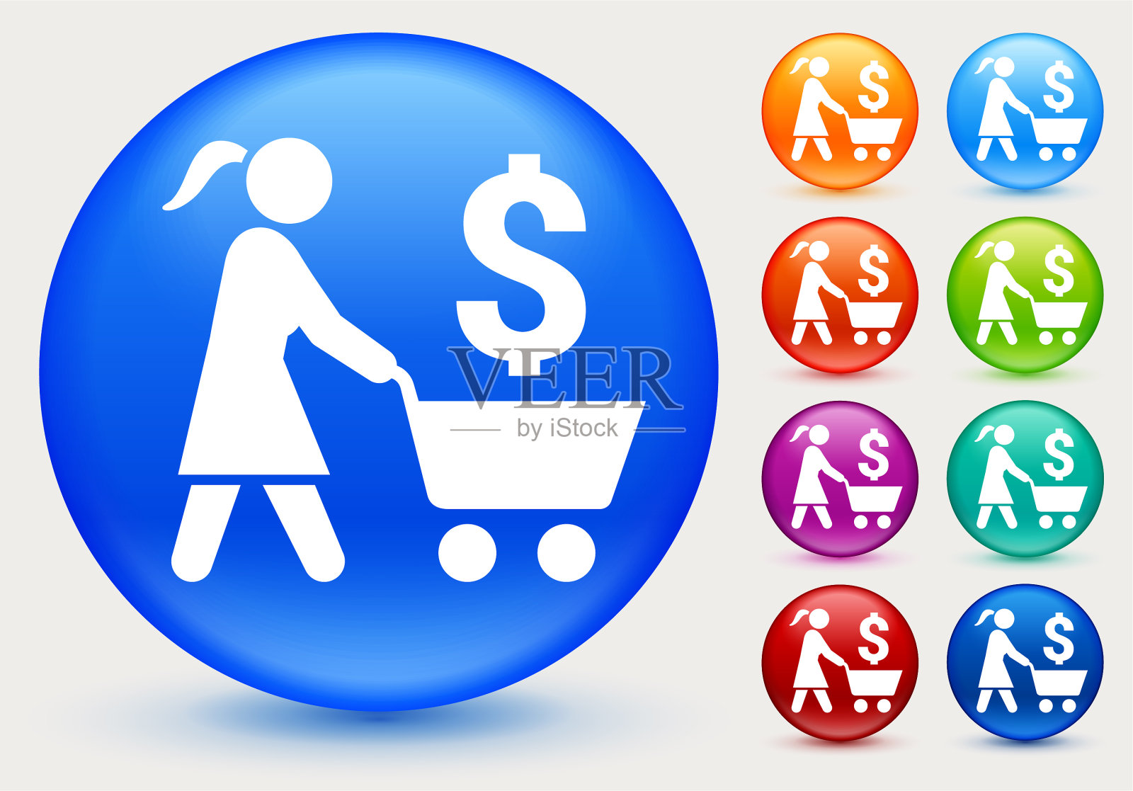 女人推着有美元标志的购物车插画图片素材