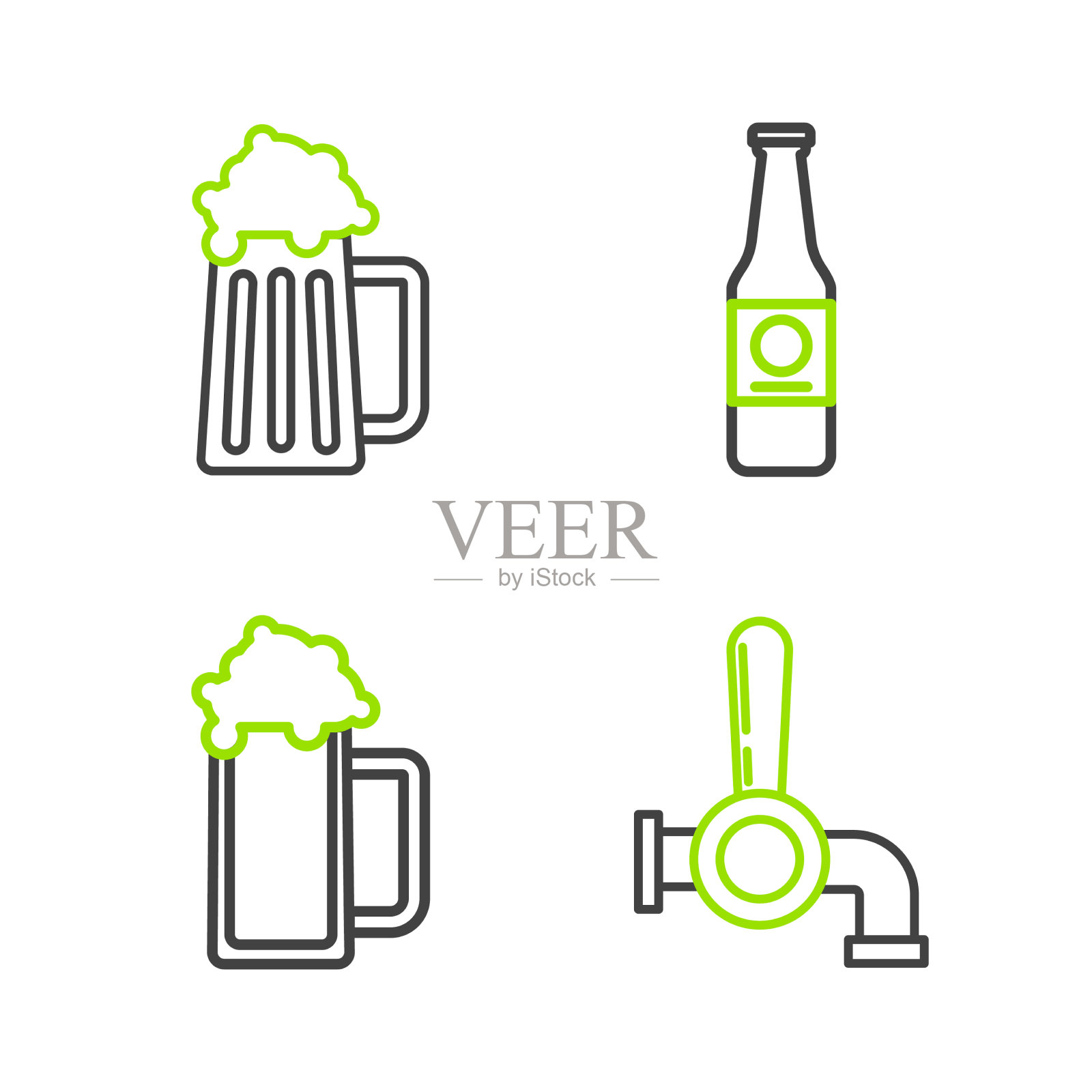 设置线啤酒龙头玻璃啤酒瓶和图标素材
