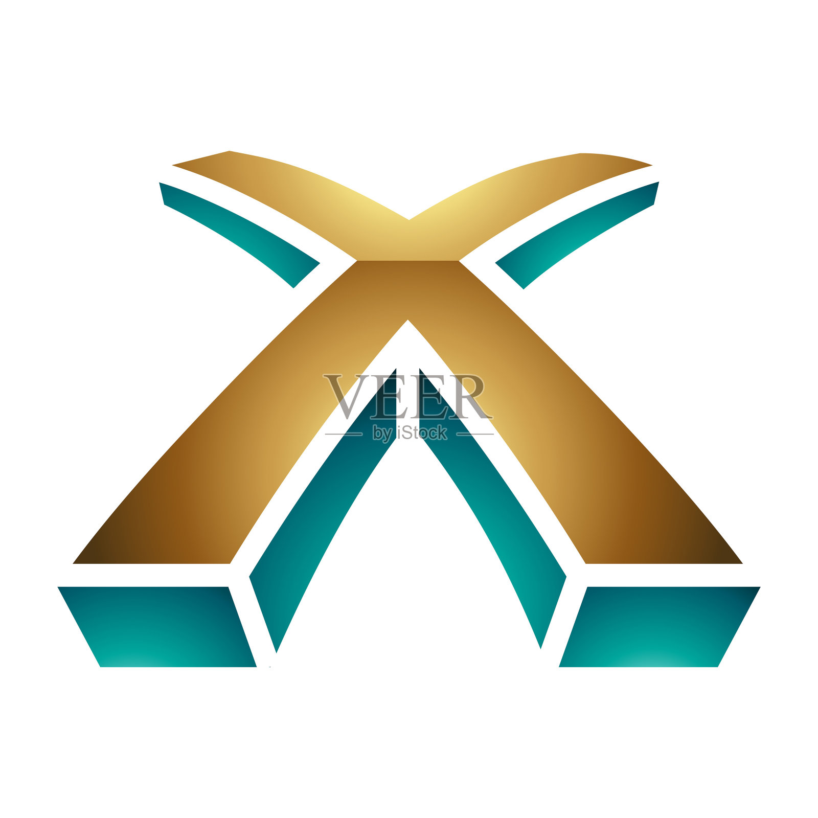 波斯绿色和金色光泽三维形状字母X图标插画图片素材