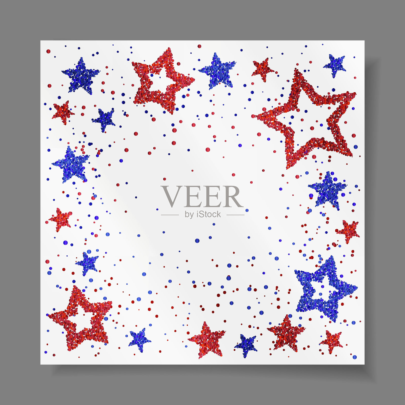 带有红色和蓝色星星的卡片闪闪发光，白色背景上有文字空间。矢量插图。元素的横幅，设计，标志，网页，邀请，业务，聚会。插画图片素材