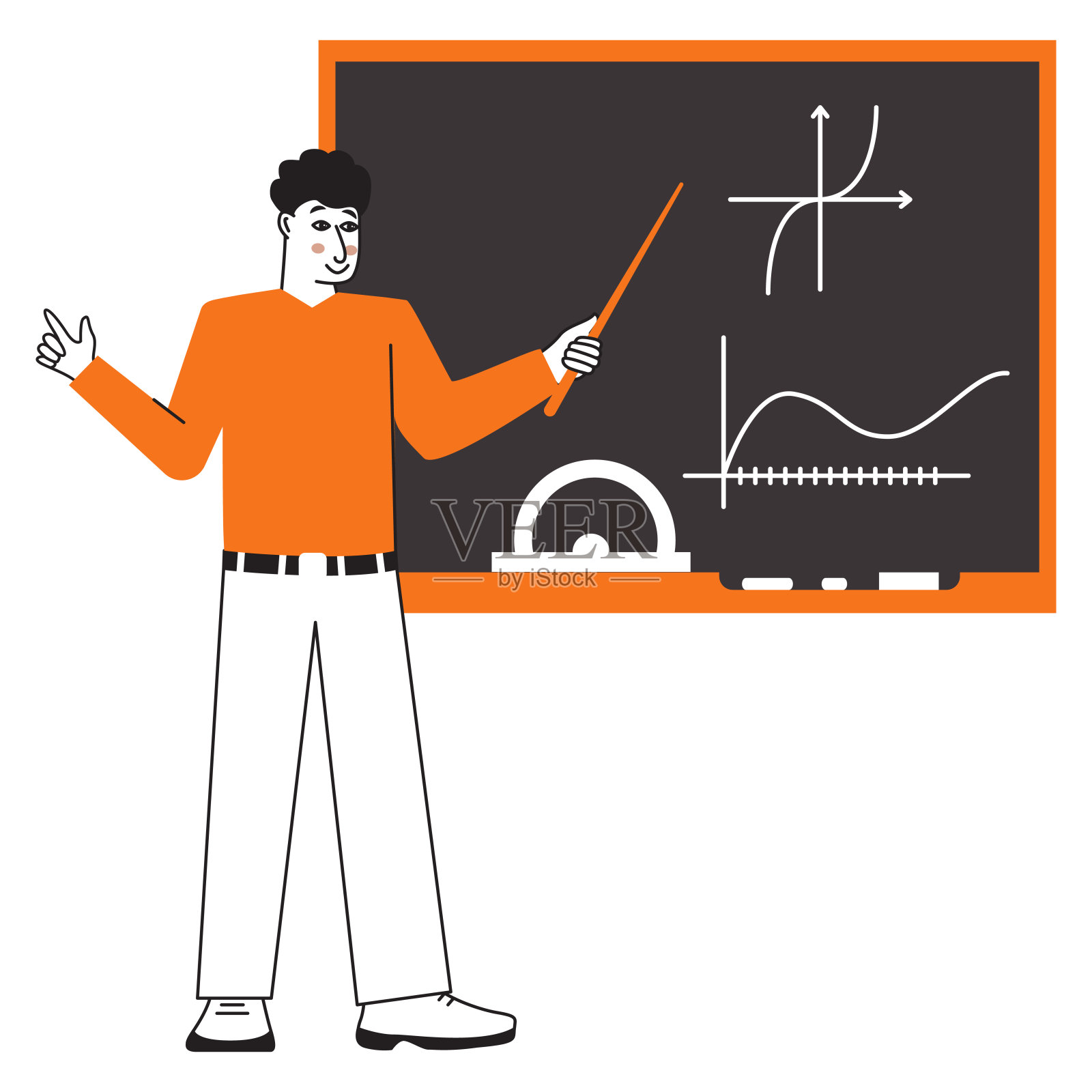 学校教授授课讲解。一位老师站在教室的黑板前。插画图片素材