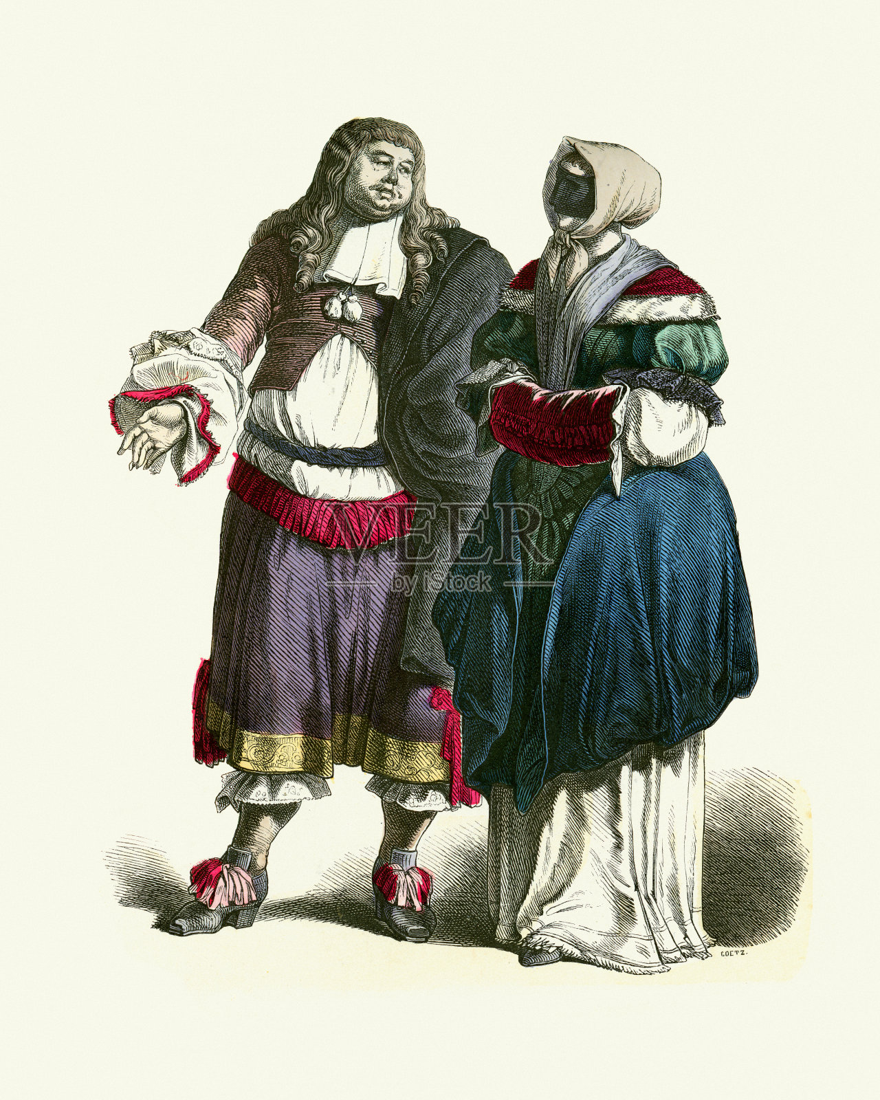 时尚，17世纪，荷兰夫妇，戴面具的女人，手套插画图片素材