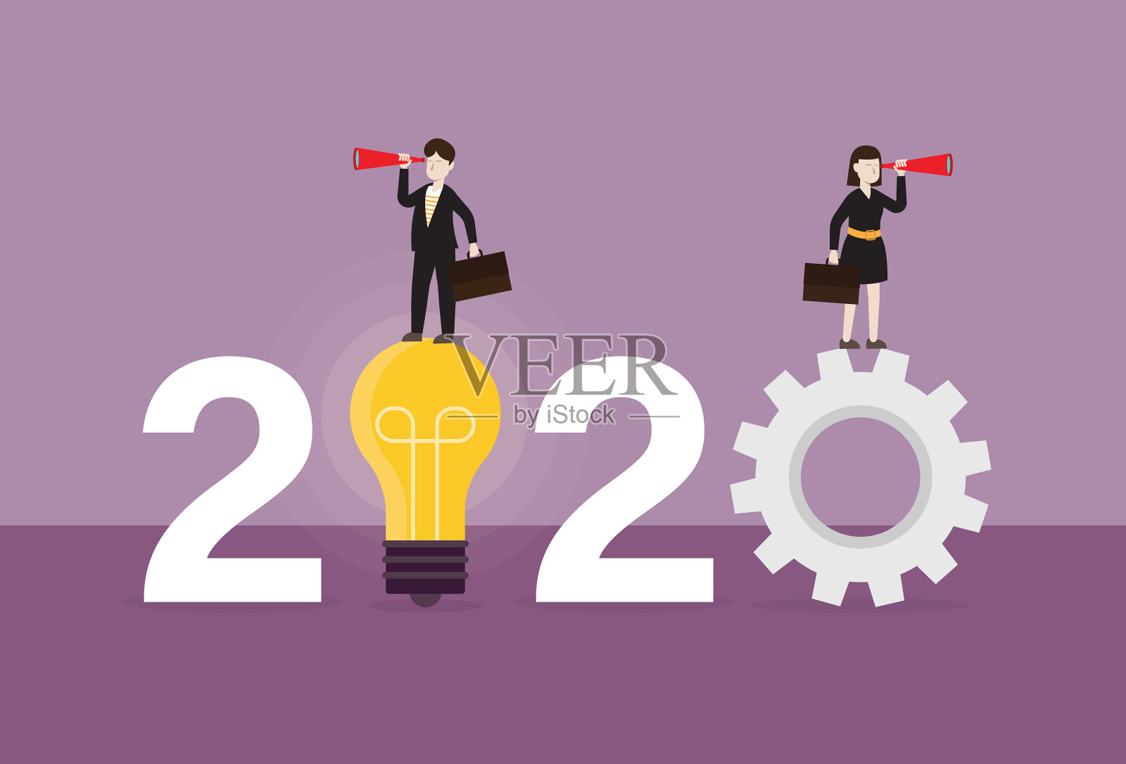 商业人士用望远镜站在一个灯泡和一个齿轮上插画图片素材