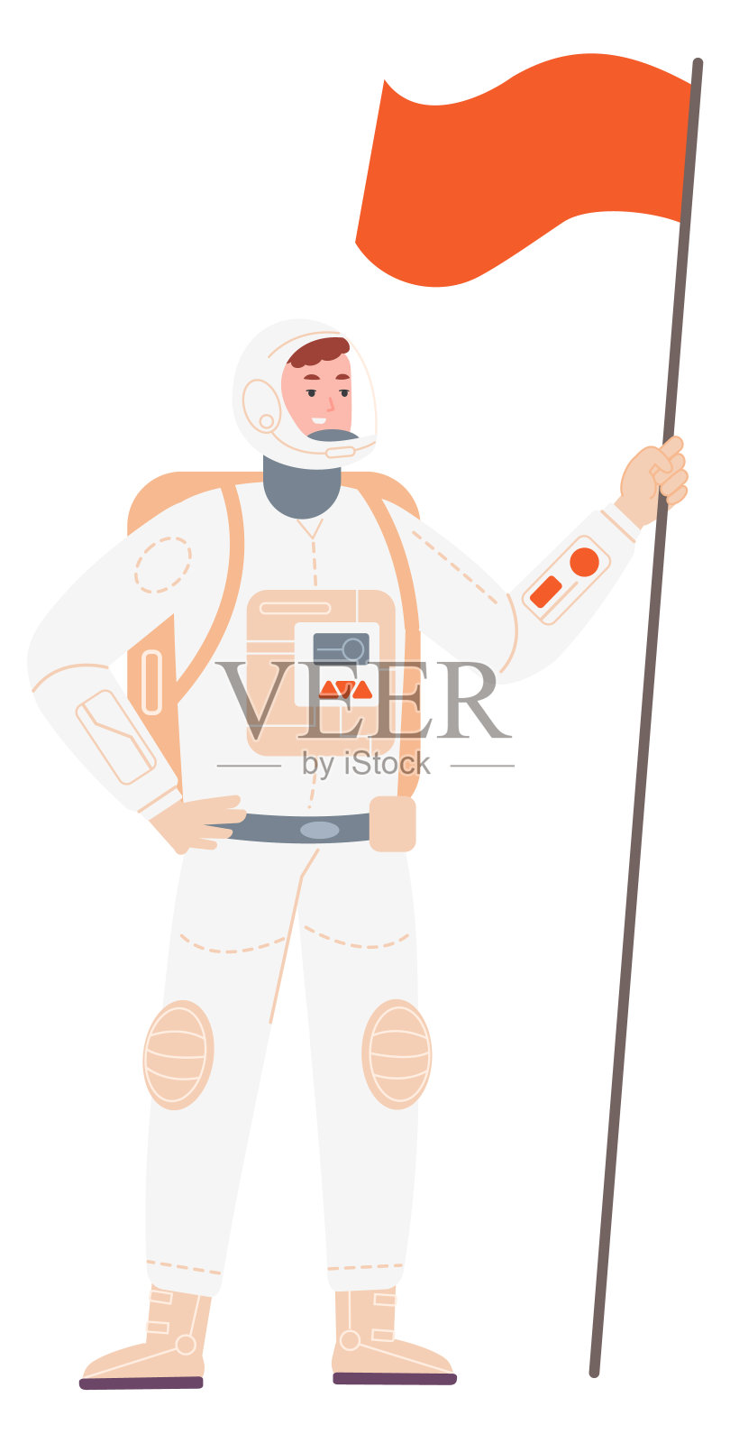 宇航员举着红旗。太空探险家。宇航员的性格插画图片素材