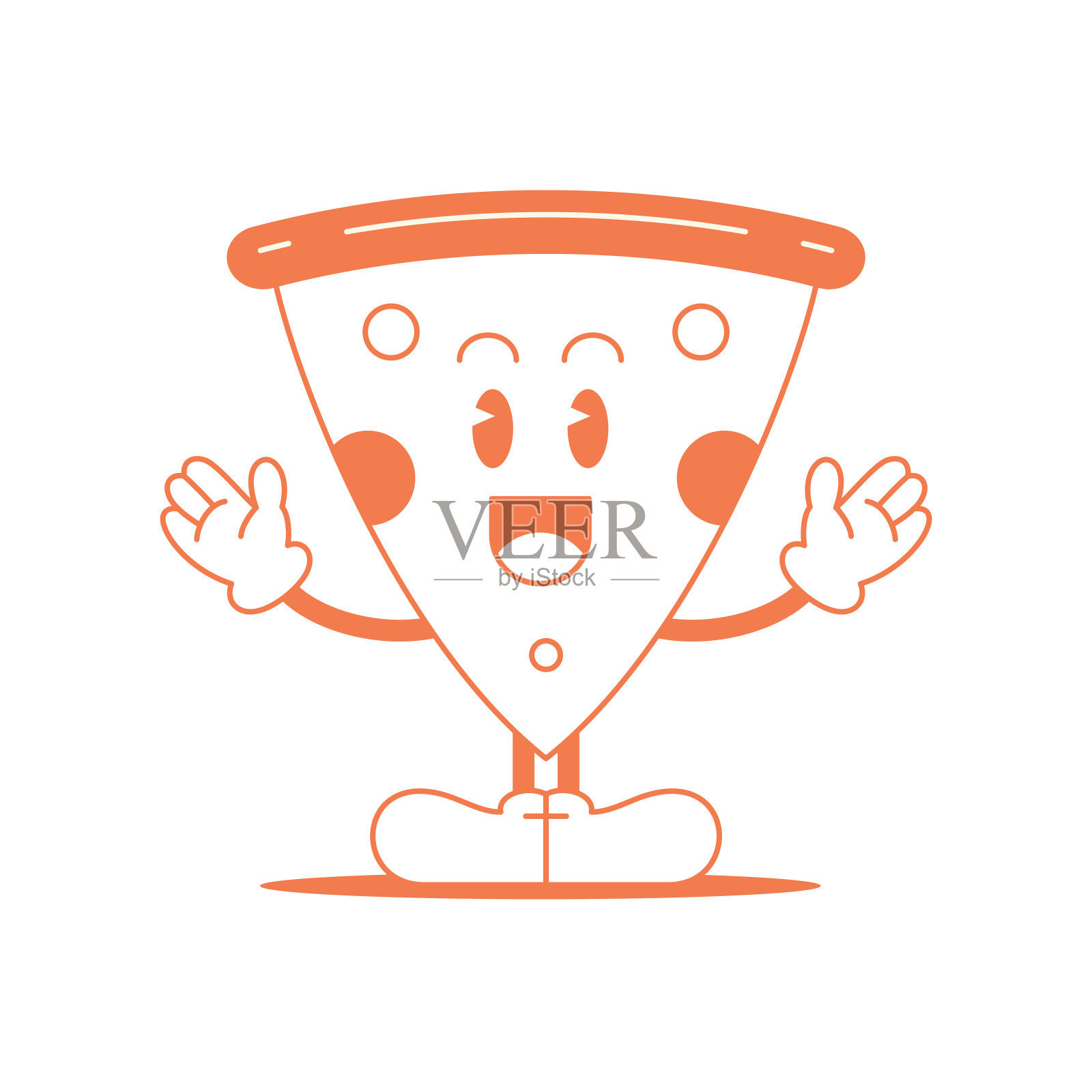 有趣的披萨片问候惊喜的漫画人物复古30年代动画风格线条艺术图标向量插画图片素材