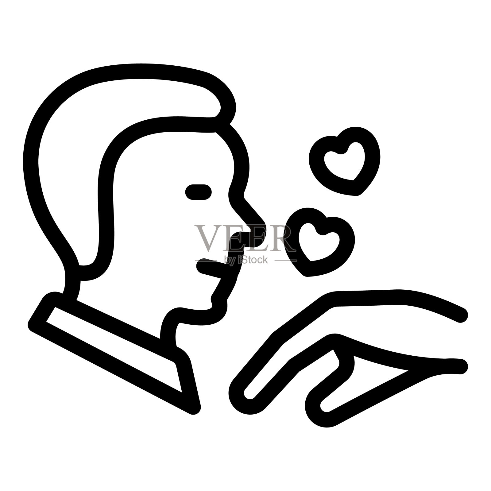 男人吻手与心线图标，约会和关系的概念，爱的手势矢量标志在白色背景，轮廓风格图标移动概念网页设计。矢量图形。插画图片素材