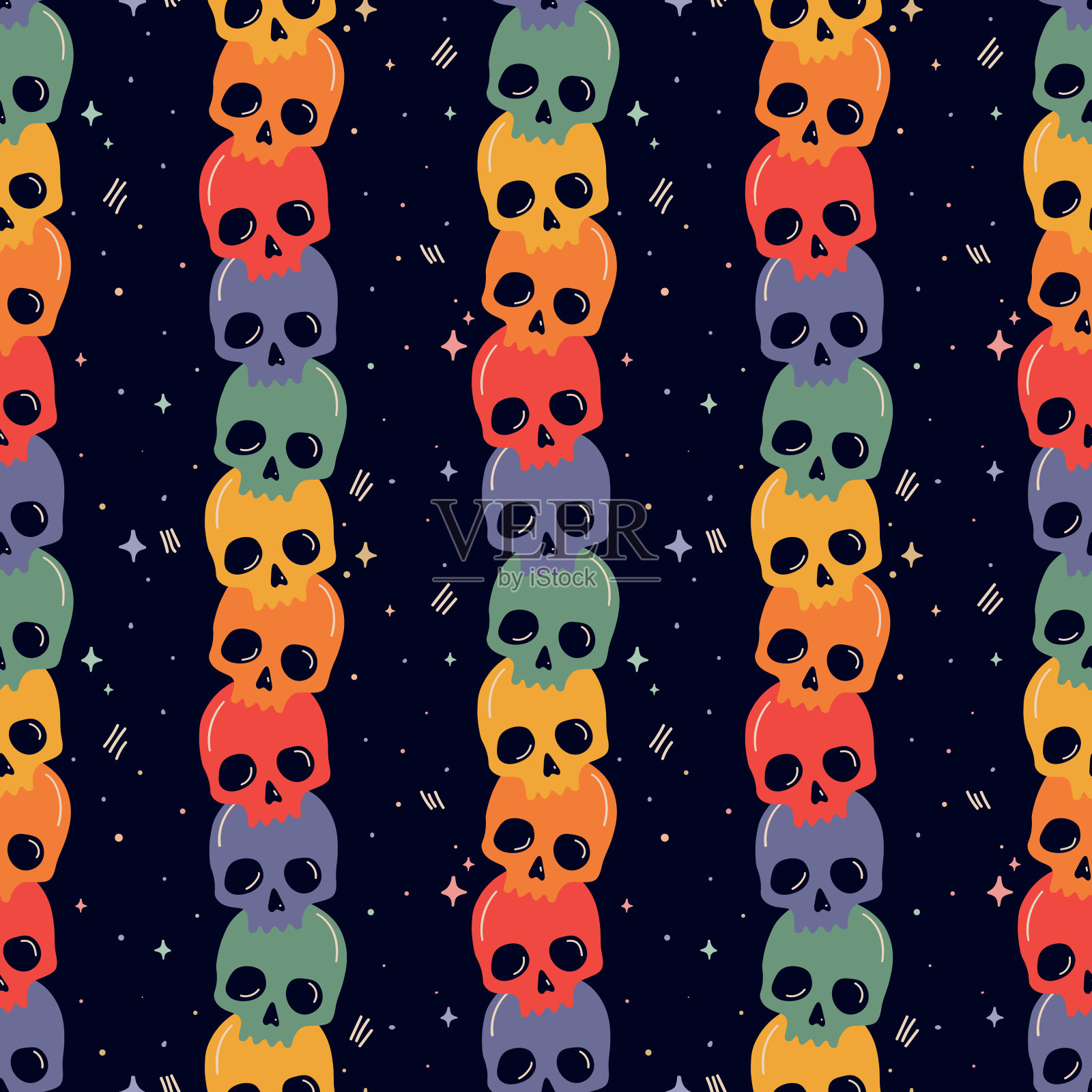 彩色头骨无缝图案。矢量插图与垂直条纹在卡通风格插画图片素材
