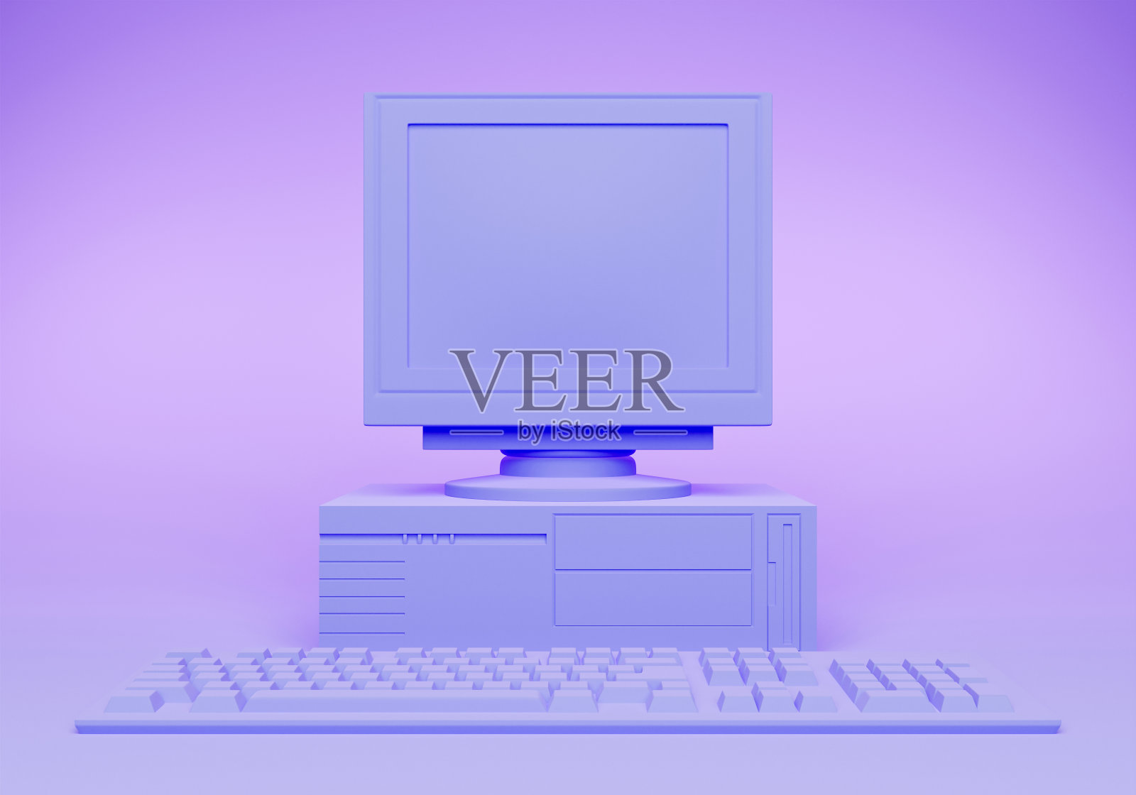 彩色复古电脑模型与键盘。前视图。三维渲染照片摄影图片