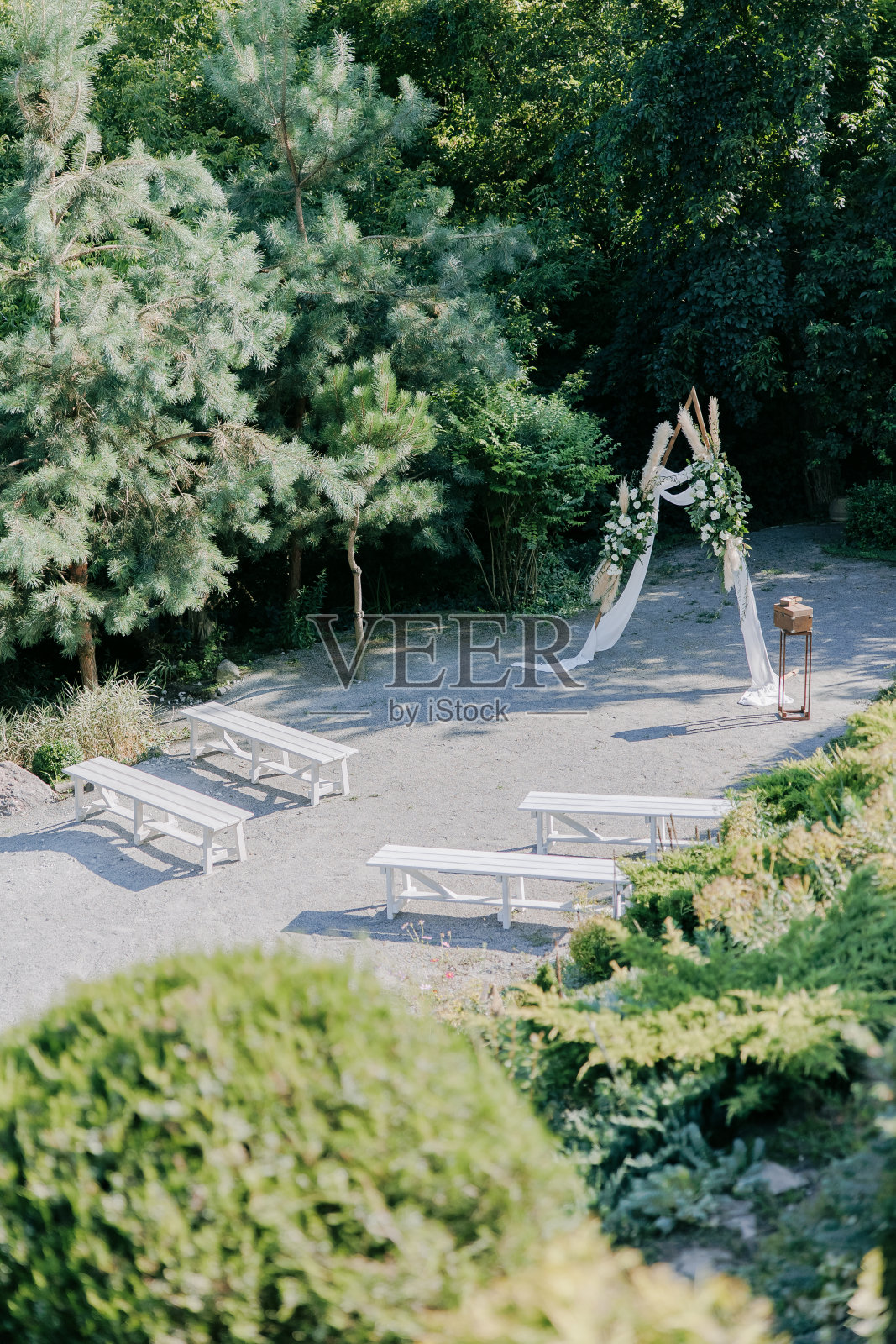 婚礼在美丽的花园举行，婚礼拱门旁装饰着新鲜的白玫瑰和白长凳。照片摄影图片